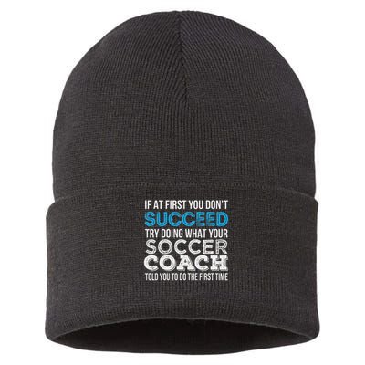 If At First You Don't Succeed Funny Soccer Coach Thank You Sustainable Knit Beanie