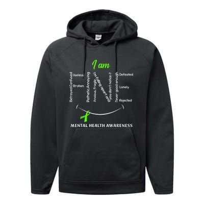 I Am Fine Mental Health Awareness Ribbon Green Performance Fleece Hoodie