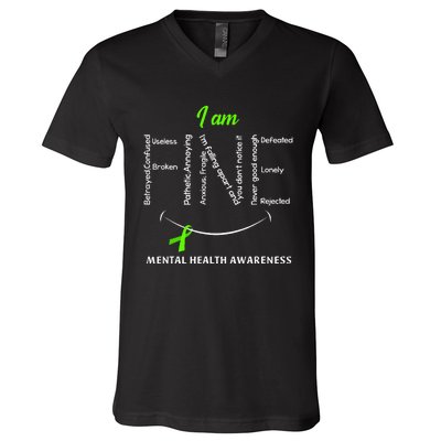 I Am Fine Mental Health Awareness Ribbon Green V-Neck T-Shirt