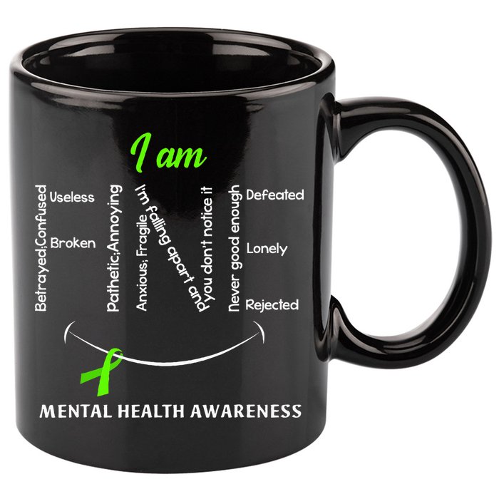 I Am Fine Mental Health Awareness Ribbon Green 11oz C Handle Ceramic Mug