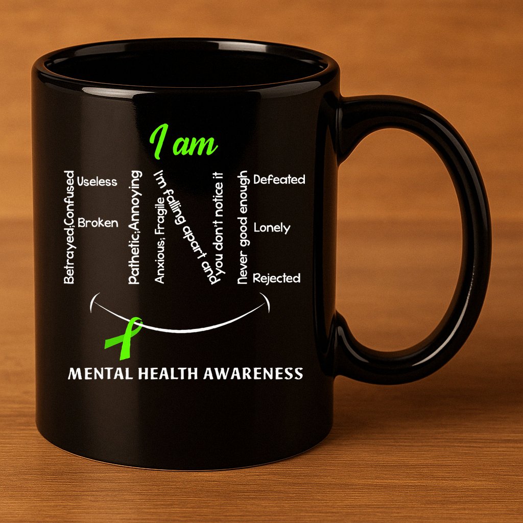 I Am Fine Mental Health Awareness Ribbon Green 11oz C Handle Ceramic Mug