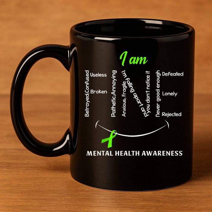 I Am Fine Mental Health Awareness Ribbon Green 11oz C Handle Ceramic Mug