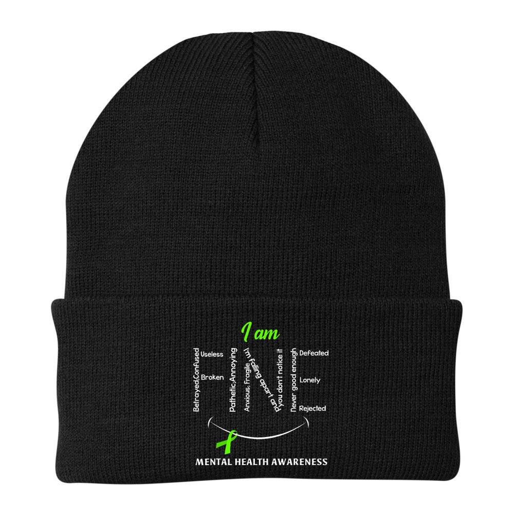 I Am Fine Mental Health Awareness Ribbon Green Beanie