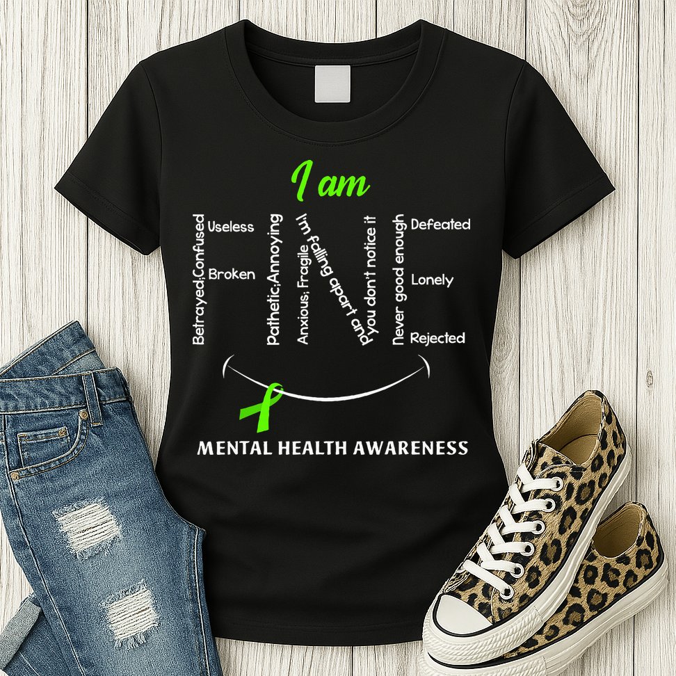 I Am Fine Mental Health Awareness Ribbon Green Womens T-Shirt