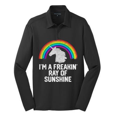 Im A Freakin Ray Of Sunshine RAINBOW UNICORN Girls Silk Touch Performance Long Sleeve Polo