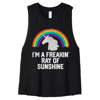 Im A Freakin Ray Of Sunshine RAINBOW UNICORN Girls Women's Racerback Cropped Tank