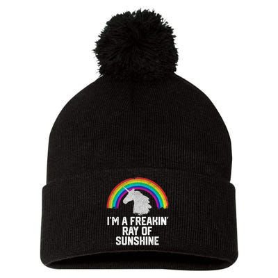 Im A Freakin Ray Of Sunshine RAINBOW UNICORN Girls Pom Pom 12in Knit Beanie