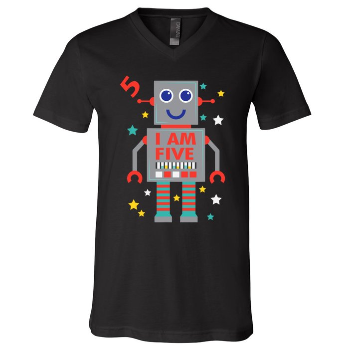 I Am Five Robot Funny Robotics 5 Year Old Birthday Party V-Neck T-Shirt