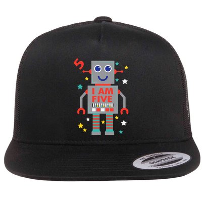 I Am Five Robot Funny Robotics 5 Year Old Birthday Party Flat Bill Trucker Hat
