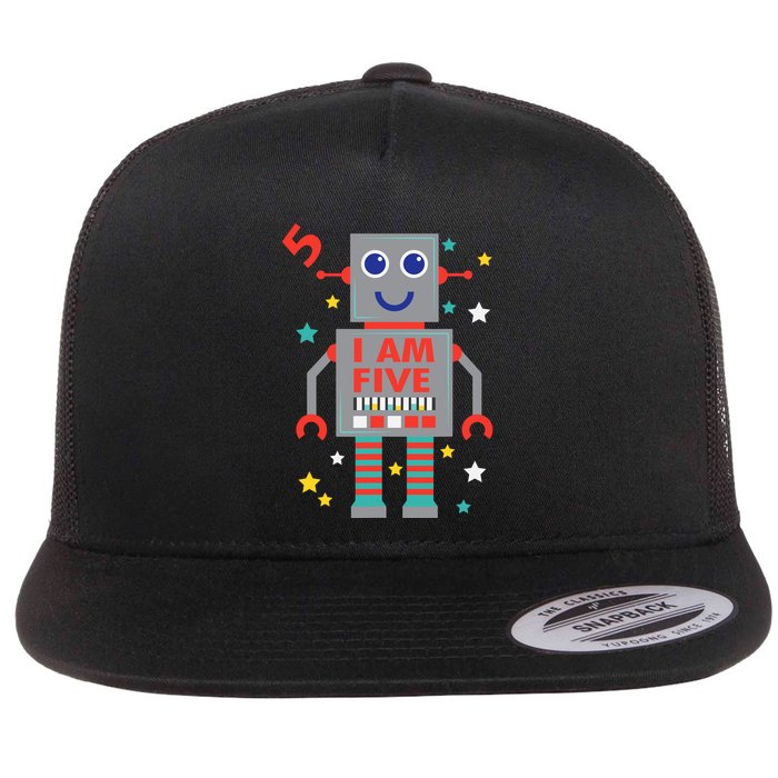 I Am Five Robot Funny Robotics 5 Year Old Birthday Party Flat Bill Trucker Hat