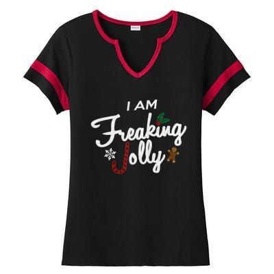 I Am Freaking Jolly Silver Foil Christmas Cute Gift Ladies Halftime Notch Neck Tee