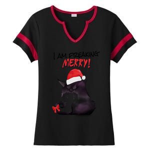 I Am Freaking Merry Funny Christmas Cat Merry Catmas Great Gift Ladies Halftime Notch Neck Tee