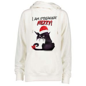 I Am Freaking Merry Funny Christmas Cat Merry Catmas Great Gift Womens Funnel Neck Pullover Hood