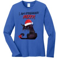 I Am Freaking Merry Funny Christmas Cat Merry Catmas Great Gift Ladies Long Sleeve Shirt