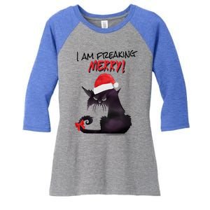 I Am Freaking Merry Funny Christmas Cat Merry Catmas Great Gift Women's Tri-Blend 3/4-Sleeve Raglan Shirt