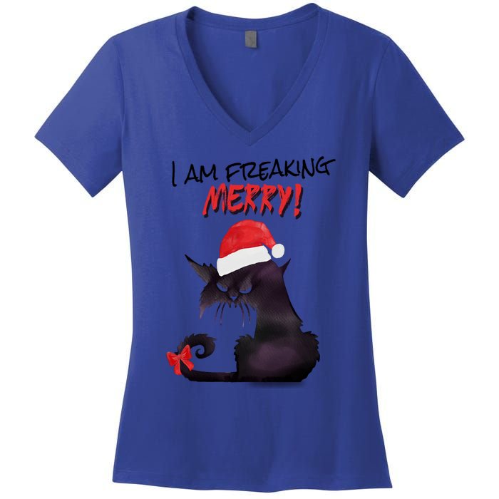 I Am Freaking Merry Funny Christmas Cat Merry Catmas Great Gift Women's V-Neck T-Shirt