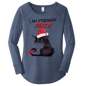 I Am Freaking Merry Funny Christmas Cat Merry Catmas Great Gift Women's Perfect Tri Tunic Long Sleeve Shirt