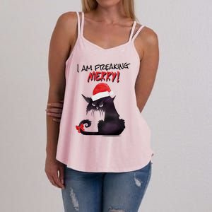 I Am Freaking Merry Funny Christmas Cat Merry Catmas Great Gift Women's Strappy Tank