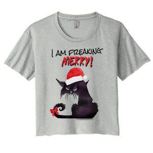 I Am Freaking Merry Funny Christmas Cat Merry Catmas Great Gift Women's Crop Top Tee