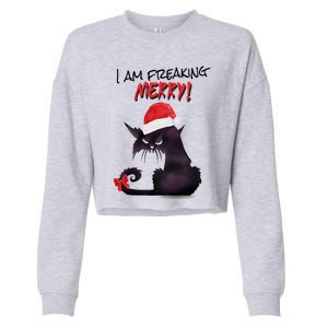 I Am Freaking Merry Funny Christmas Cat Merry Catmas Great Gift Cropped Pullover Crew