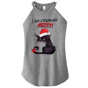 I Am Freaking Merry Funny Christmas Cat Merry Catmas Great Gift Women's Perfect Tri Rocker Tank