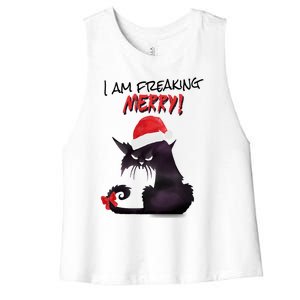 I Am Freaking Merry Funny Christmas Cat Merry Catmas Great Gift Women's Racerback Cropped Tank