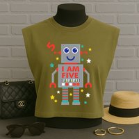 I Am Five Robot Funny Robotics 5 Year Old Birthday Party Garment-Dyed Women's Muscle Tee