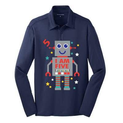 I Am Five Robot Funny Robotics 5 Year Old Birthday Party Silk Touch Performance Long Sleeve Polo