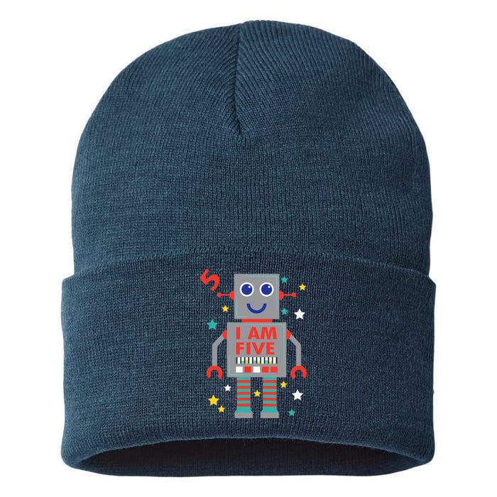 I Am Five Robot Funny Robotics 5 Year Old Birthday Party Sustainable Knit Beanie