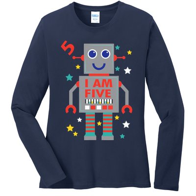 I Am Five Robot Funny Robotics 5 Year Old Birthday Party Ladies Long Sleeve Shirt
