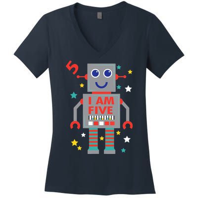 I Am Five Robot Funny Robotics 5 Year Old Birthday Party Women's V-Neck T-Shirt