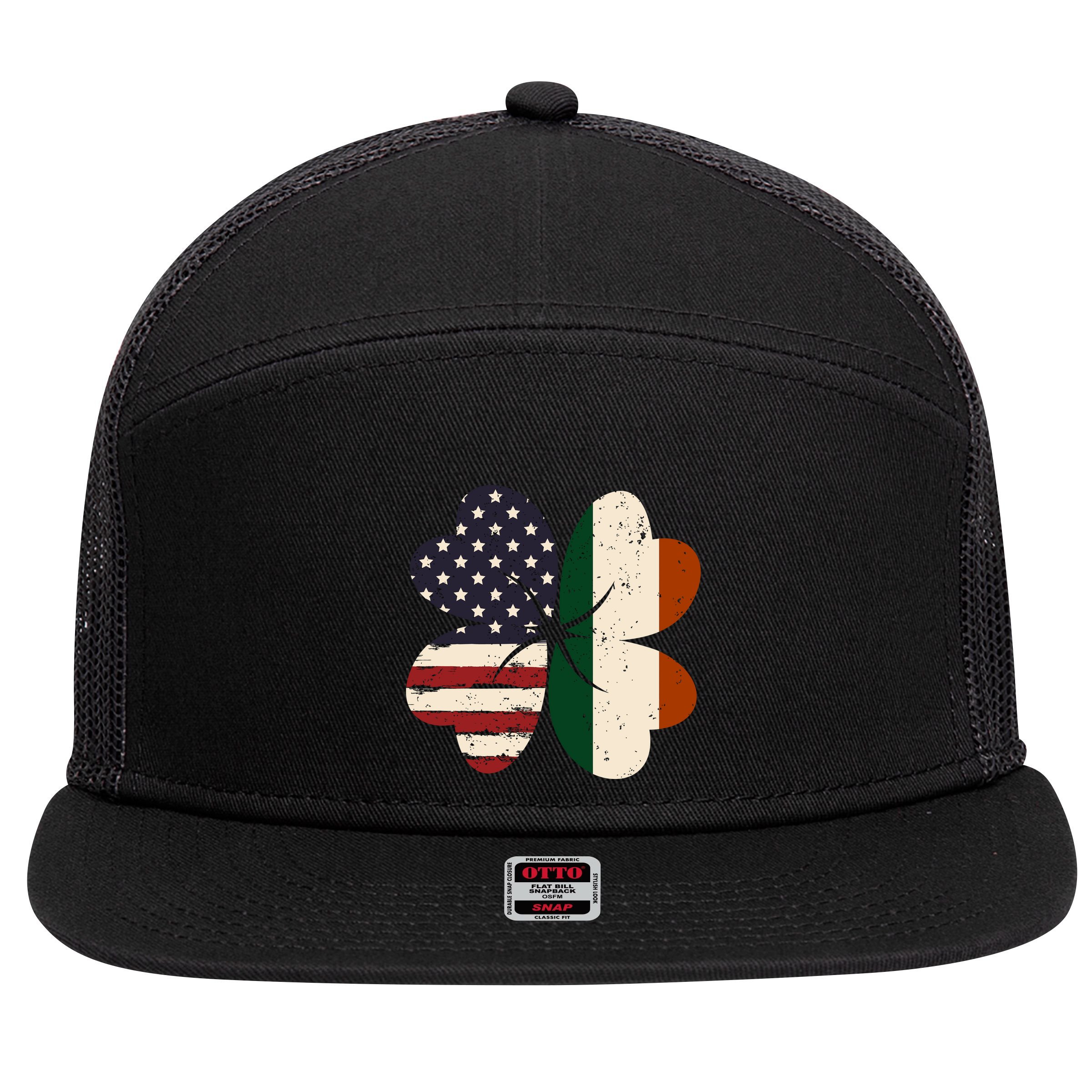 Irish American Flag Shamrock 7 Panel Mesh Trucker Snapback Hat