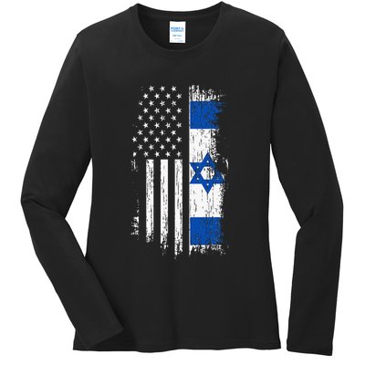 Israeli American Flag Pride Israel USA Patriotic Pride Ladies Long Sleeve Shirt