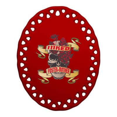 Inked And Fostercute Giftmother Tattoo Skull Red Roses Family Cool Gift Ceramic Oval Ornament