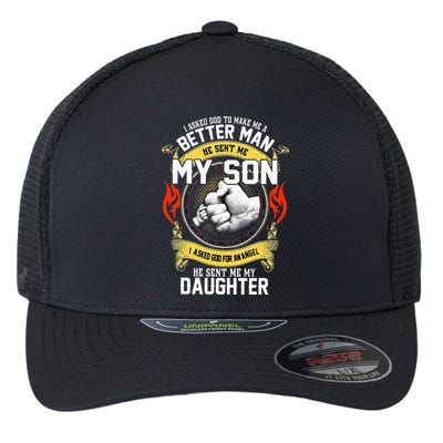 I Asked God To Make Me A Better Man He Sent Me My Son Flexfit Unipanel Trucker Cap