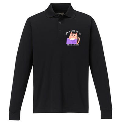 It's A Good Day To Read A Book Cat Kitty Reading Book Cute Gift Performance Long Sleeve Polo