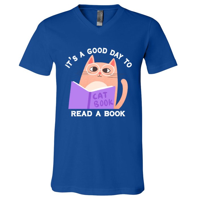 It's A Good Day To Read A Book Cat Kitty Reading Book Cute Gift V-Neck T-Shirt