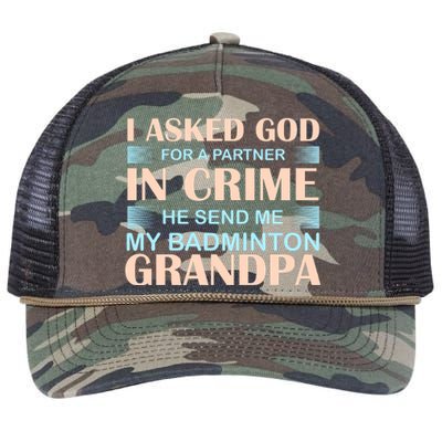 I Asked God For A Partner In Crime He Send Me My Badmintion Grandpa Retro Rope Trucker Hat Cap