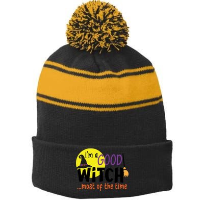 Im A Good Witch Most Of The Time Witch Hat Halloween Quote Stripe Pom Pom Beanie