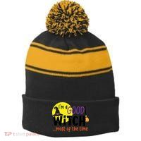 Im A Good Witch Most Of The Time Witch Hat Halloween Quote Stripe Pom Pom Beanie
