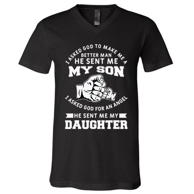I Asked God To Make Me A Better Man He Sent Me my Son V-Neck T-Shirt