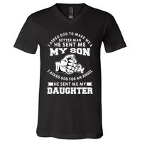 I Asked God To Make Me A Better Man He Sent Me my Son V-Neck T-Shirt