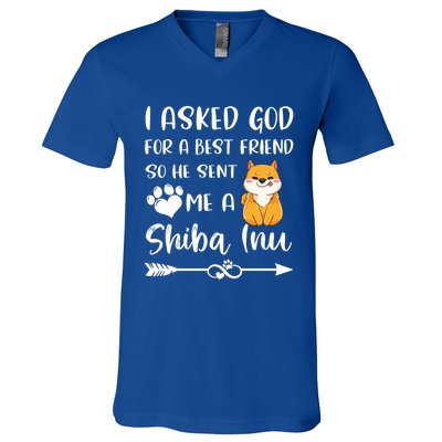 I Asked God For A True Friend He Sent Me A Shiba Inu Mom Cool Gift V-Neck T-Shirt