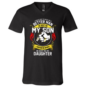 I Asked God To Make Me A Better Man He Sent Me My Son V-Neck T-Shirt