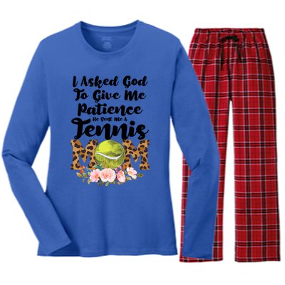 I Asked God To Tennis Mom Tennis Game Tennis Mom Gift Women's Long Sleeve Flannel Pajama Set 