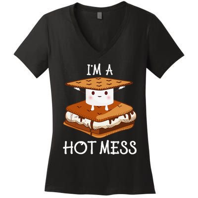 IM A Hot Mess Smores Camping Lover Marshmallow Smores Women's V-Neck T-Shirt