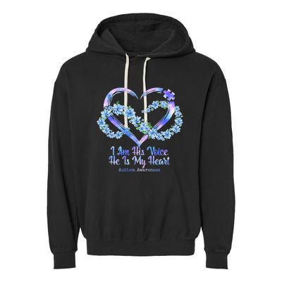 I Am His Voice He Is My Heart Autism Awareness Garment-Dyed Fleece Hoodie