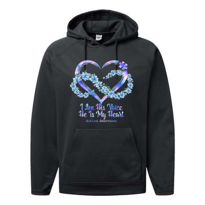 I Am His Voice He Is My Heart Autism Awareness Performance Fleece Hoodie