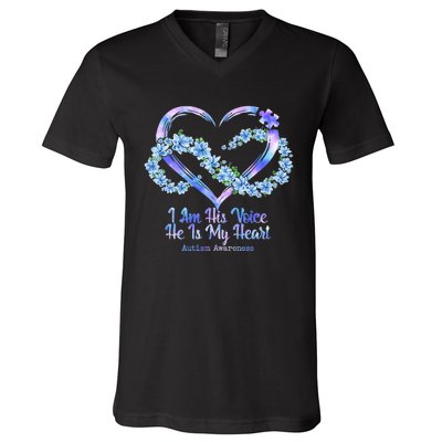 I Am His Voice He Is My Heart Autism Awareness V-Neck T-Shirt