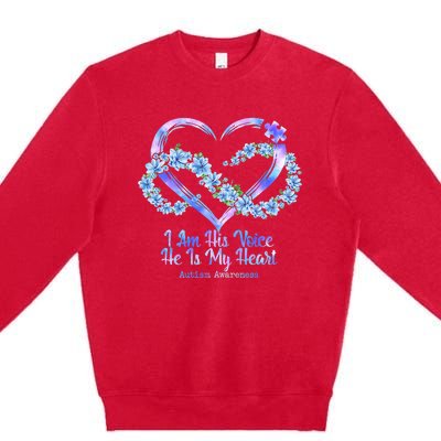 I Am His Voice He Is My Heart Autism Awareness Premium Crewneck Sweatshirt